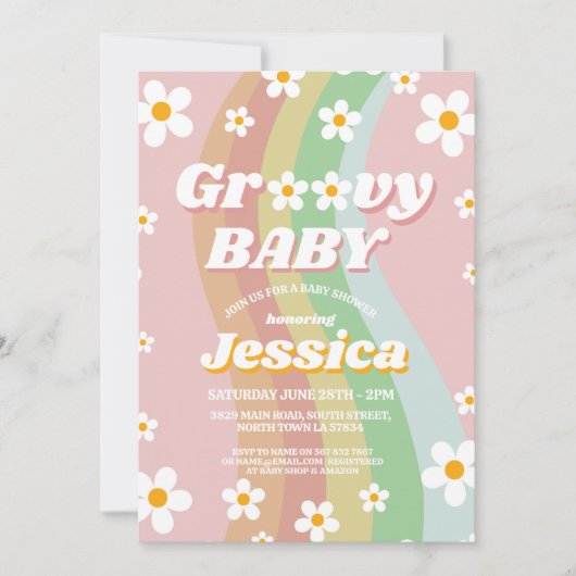 Groovy Baby shower Roze Meisjes Retro Regenboog ja Kaart (Voorkant)