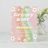 Groovy Baby shower Roze Meisjes Retro Regenboog ja Kaart (Staand voorkant)