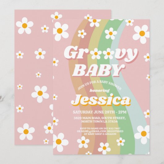 Groovy Baby shower Roze Meisjes Retro Regenboog ja Kaart (Voorkant / Achterkant)