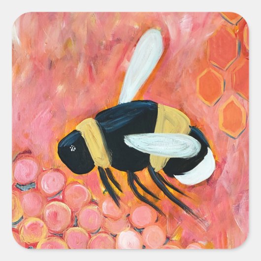 Groovy Bee en Pink Flowers Fine Art Vierkante Sticker (Voorkant)