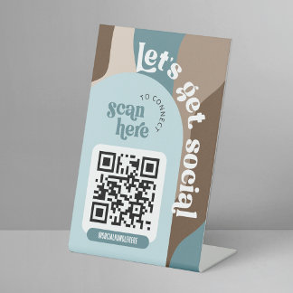 Groovy Beige & Teal Trendy Sociale Media QR Code Reclamebord Met Voetstuk