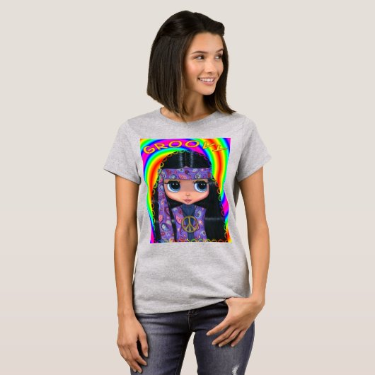 Groovy Big Eye Hippie Chick Girl Doll Cute T-shirt (Voorkant volledig)