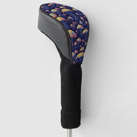 Groovy Bioluminescentie Paddenstoelen: Retro Art Golfheadcover (Schuin)