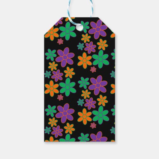Groovy Black 70s Style Flower Gift Label Cadeaulabel (Voorkant)
