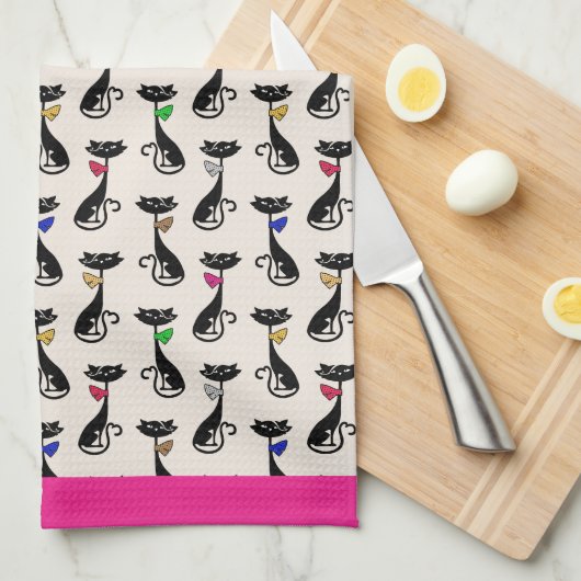 Groovy Black Cats roze border Theedoek (Quarter Fold)