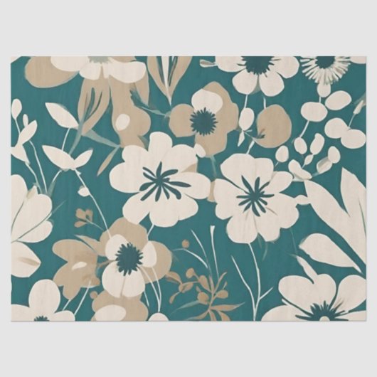 Groovy Blauwgroen Tan Flowers Tissuepapier (Voorkant)