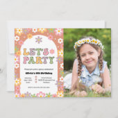 Groovy Bloemen Meisje Hippie Foto Verjaardagsfeest Kaart (Voorkant)