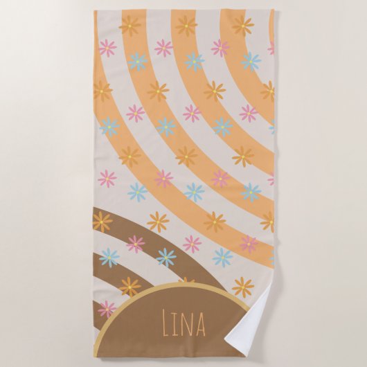 Groovy Bloemen Regenbogen Naam Badhanddoek (Voorkant)