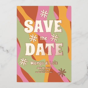 Groovy Bloemen Save the Date Gedrukt  Folie Uitnodiging