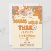 Groovy bloemenretro 3e verjaardag uitnodiging (Voorkant)