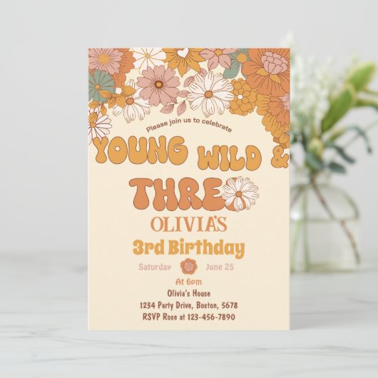 Groovy bloemenretro 3e verjaardag uitnodiging (Staand voorkant)