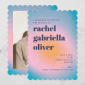 Groovy Blue Gradient Retro Photo Bat Mitzvah Kaart (Voorkant / Achterkant)