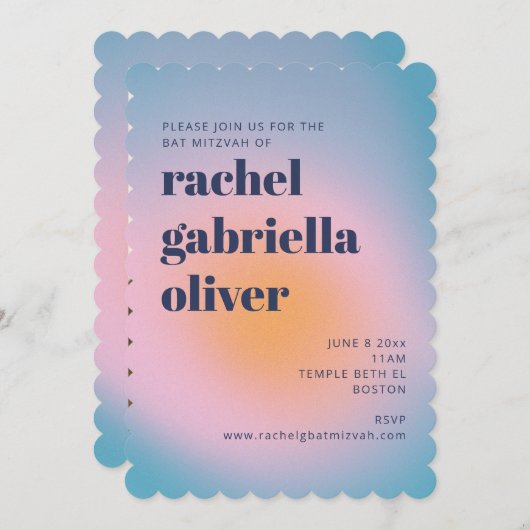 Groovy Blue Gradient Retro Photo Bat Mitzvah Kaart (Voorkant / Achterkant)