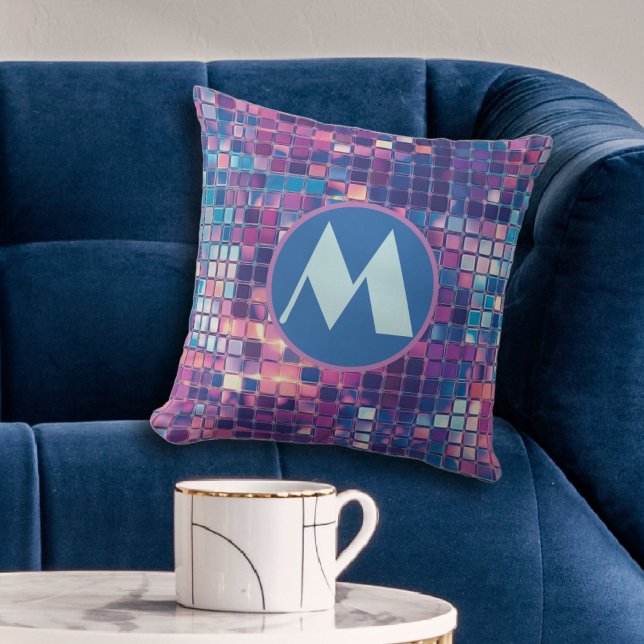 Groovy Blue & Paarse Discobal Gepersonaliseerd Kussen (groovy blue and purple disco ball personalized monogram throw pillow)