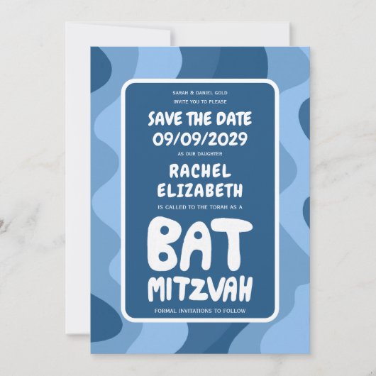 Groovy Blue Waves Custom Bat Bar Bnai Mitzvah Save The Date (Voorkant)