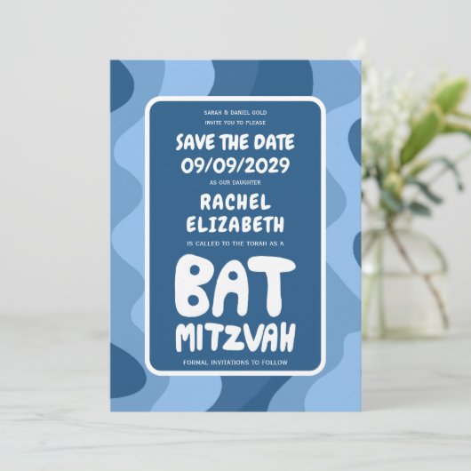 Groovy Blue Waves Custom Bat Bar Bnai Mitzvah Save The Date (Staand voorkant)