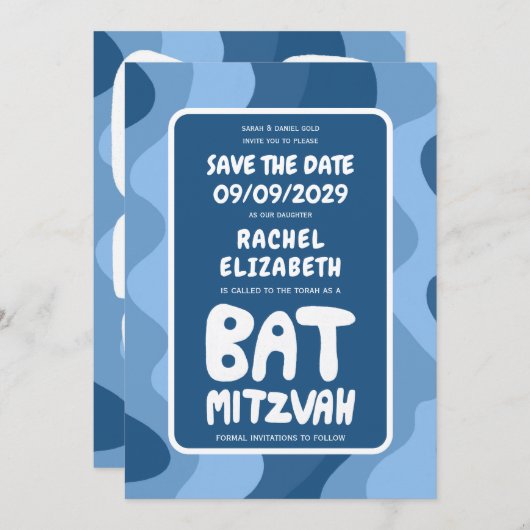 Groovy Blue Waves Custom Bat Bar Bnai Mitzvah Save The Date (Voorkant / Achterkant)