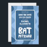 Groovy Blue Waves Custom Bat Bar Bnai Mitzvah Save The Date<br><div class="desc">Perfecte kaart om een bar of bat mitswa of andere Joodse viering aan te kondigen en gasten te vragen om de datum te bewaren! Handgemaakte kunst voor u met handlettering aan de voor- en achterkant! (check shop of DM voor BAR/BAT mogelijkheden) VOLLEDIG ! Klik hierboven op "Personaliseren" om de tekst...</div>