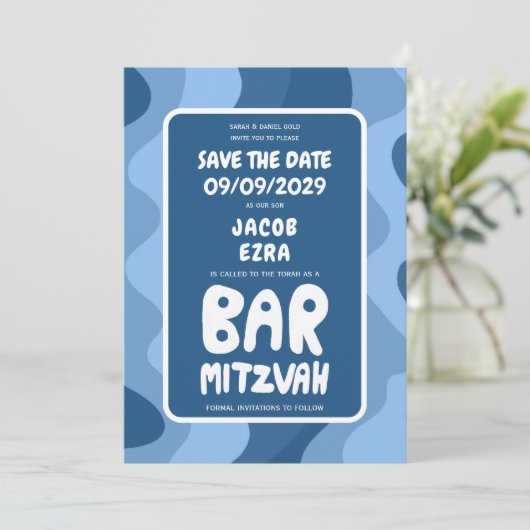 Groovy Blue Waves Custom Bat Bar Bnai Mitzvah Save The Date (Staand voorkant)
