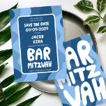 Groovy Blue Waves Custom Bat Bar Bnai Mitzvah Save The Date<br><div class="desc">Perfecte kaart om een bar of bat mitswa of andere Joodse viering aan te kondigen en gasten te vragen om de datum te bewaren! Handgemaakte kunst voor u met handlettering aan de voor- en achterkant! (check shop of DM voor BAR/BAT mogelijkheden) VOLLEDIG ! Klik hierboven op "Personaliseren" om de tekst...</div>