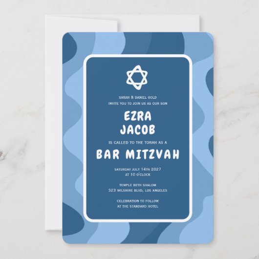 Groovy Blue Waves Star of David Custom Bar Mitzvah Kaart (Voorkant)
