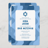 Groovy Blue Waves Star of David Custom Bar Mitzvah Kaart (Voorkant / Achterkant)