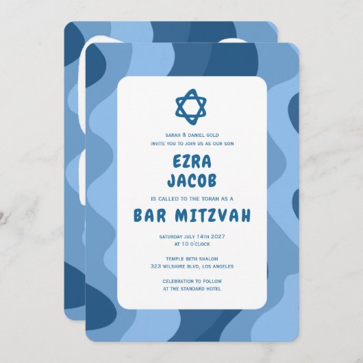 Groovy Blue Waves Star of David Custom Bar Mitzvah Kaart (Voorkant / Achterkant)