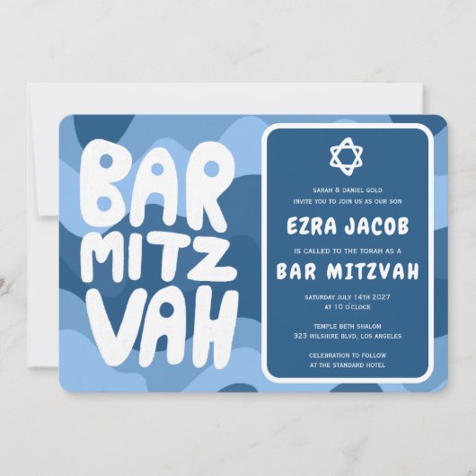Groovy Blue Waves Star of David Custom Bar Mitzvah Kaart (Voorkant)