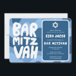 Groovy Blue Waves Star of David Custom Bar Mitzvah Kaart<br><div class="desc">Perfecte kaart om een bat mitswa, bar mitswa of andere Joodse viering aan te kondigen! Handgemaakte kunst voor u met handlettering ook! VOLLEDIG ! Klik hierboven op "Personaliseren" om de tekst te bewerken. Klik op "bewerken met ontwerpgereedschap" om de lettertypen, kleuren en plaatsingen aan te passen en om het achterzijde...</div>