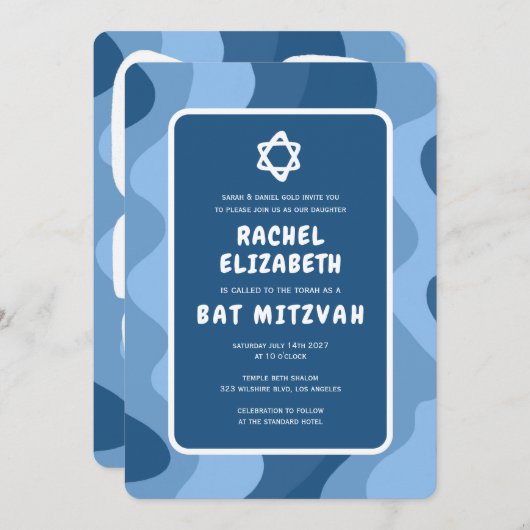 Groovy Blue Waves Star of David Custom Bat Mitzvah Kaart (Voorkant / Achterkant)