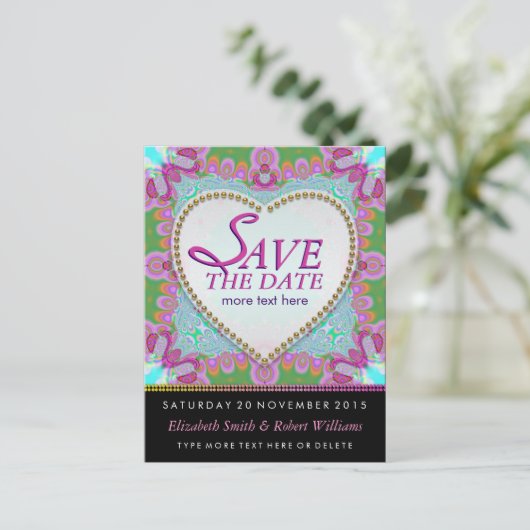 Groovy Bohemian Hippy Save the Date Black Briefkaa Aankondigingskaart (Staand voorkant)