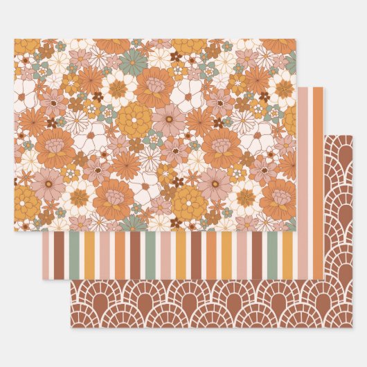 Groovy Boho 70s bloemen patroon Inpakpapier Vel (Set)