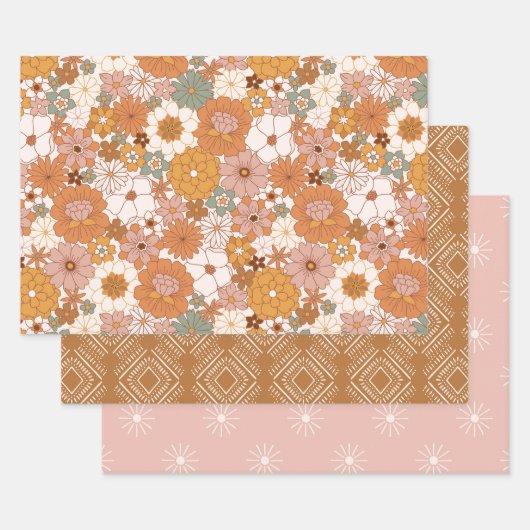 Groovy Boho 70s bloemen patroon Inpakpapier Vel (Set)