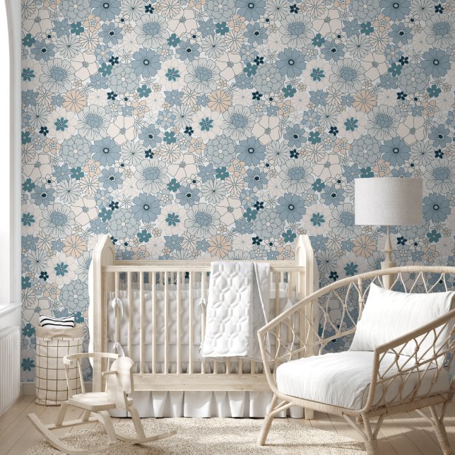 Groovy Boho Blue Floral Seamless Pattern  Behang (Kinderen)