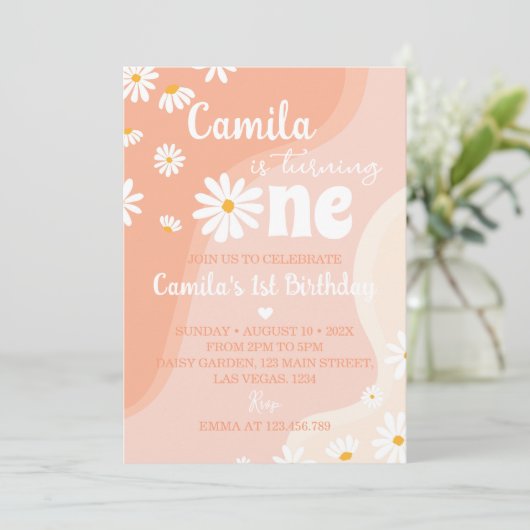 Groovy Boho Daisy 1e Verjaardag uitnodiging (Staand voorkant)