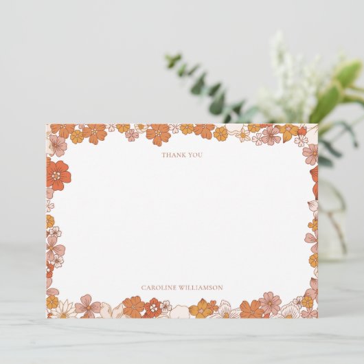 Groovy Boho Orange Floral Baby Shower Custom Bedankkaart (Staand voorkant)