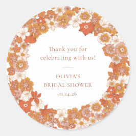 Groovy Boho Oranje Bloemrijke Bruidsdouche Dank Je Ronde Sticker