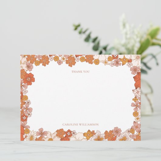 Groovy Boho Oranje Bloemstuk Bruidsdouche Aangepas Bedankkaart (Staand voorkant)