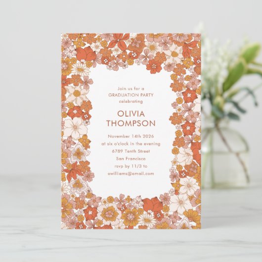 Groovy Boho Oranje Floral Lijst Graduation Party Kaart (Staand voorkant)