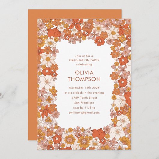 Groovy Boho Oranje Floral Lijst Graduation Party Kaart (Voorkant / Achterkant)