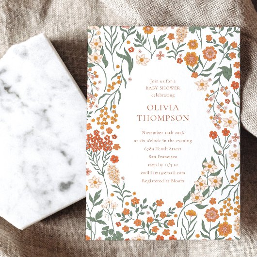 Groovy Boho Oranje Wildflower Whimsy Baby shower Kaart