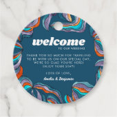 Groovy Boho Retro Blauwe Monogram Golf Bruiloft Bedankjes Labels (Voorkant)