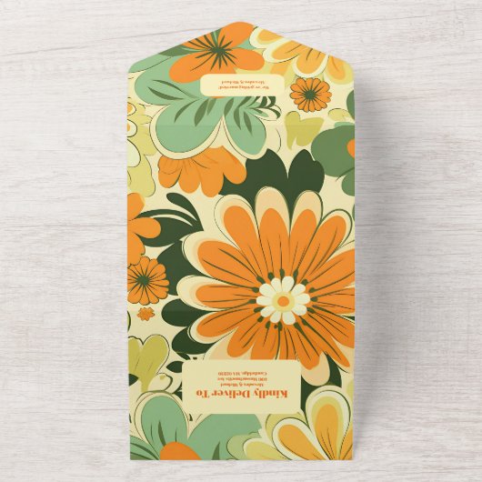 Groovy Boho Retro Bloemen Bruiloft All In One Uitnodiging (Buitenkant)