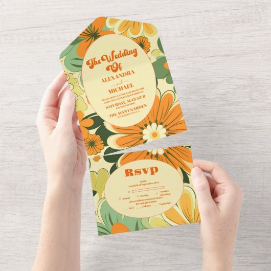 Groovy Boho Retro Bloemen Bruiloft All In One Uitnodiging (Afscheurbaar)