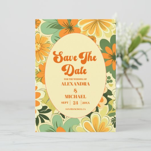 Groovy Boho Retro Bloemen Bruiloft Save The Date (Staand voorkant)
