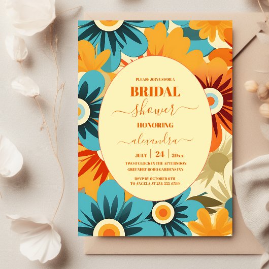 Groovy Boho Retro Bloemige Bruidsuitnodiging Kaart