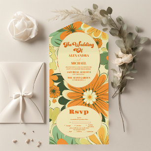Groovy Boho Retro Bloemige Bruiloft All In One Uitnodiging