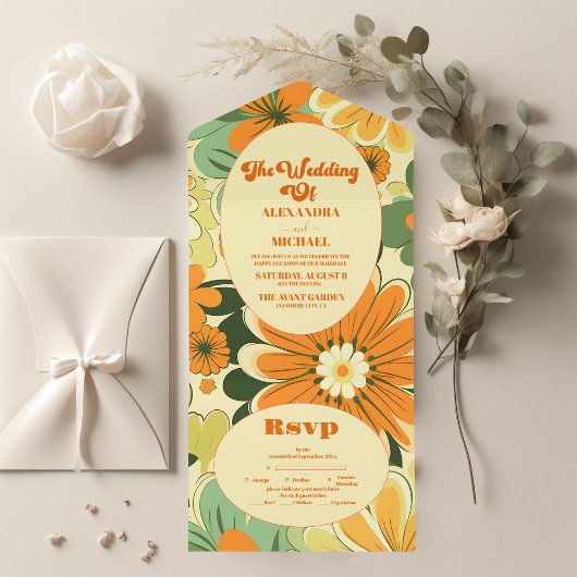 Groovy Boho Retro Bloemige Bruiloft All In One Uitnodiging
