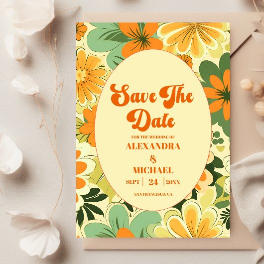 Groovy Boho Retro  Bloemige Bruiloft Save The Date