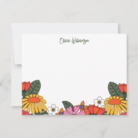 Groovy Boho Retro Flowers Gepersonaliseerde Statio Notitiekaartje (Voorkant)